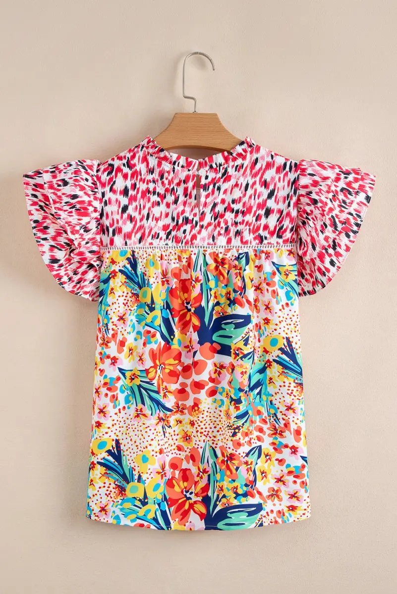Red Floral Mixed Print Ruffle Cap Sleeve Blouse for Women - Love Salve